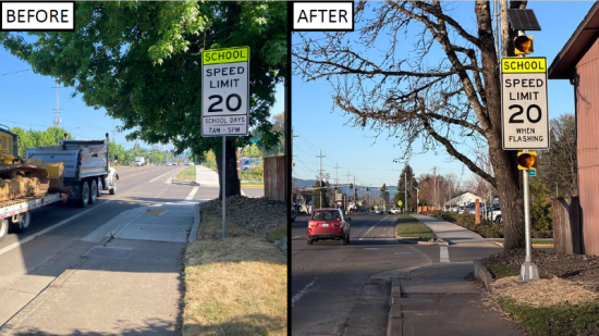 Before and after photo showing new school zone speed limit signs on the street with blue sky and a lush green tree looming overhead. The signs read 20 mph.