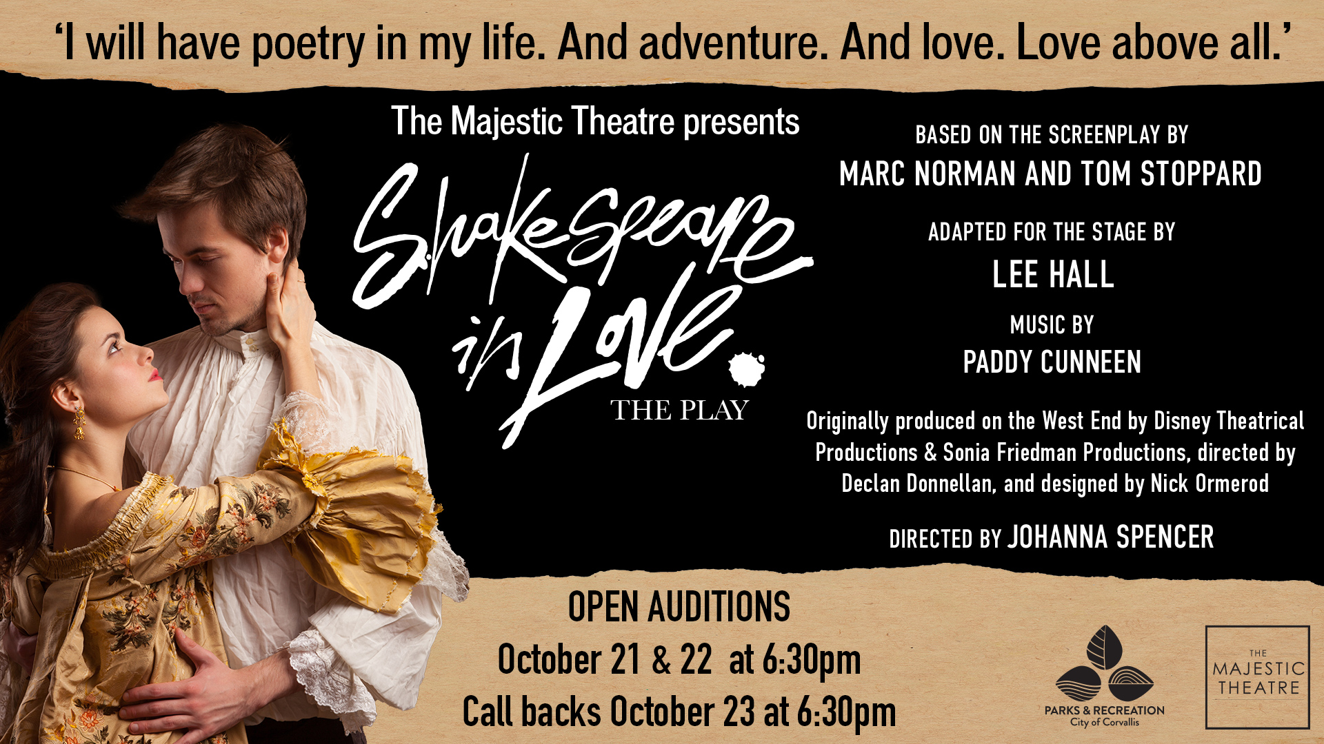 Open Auditions for Shakespeare in Love Corvallis Oregon