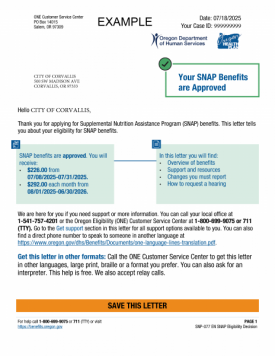 SNAP Benefits Example Letter