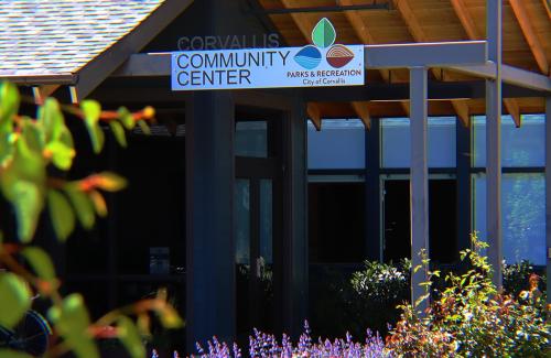 front entrance to the Corvallis Community Center on a sunny day