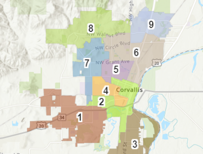 Map of Corvallis divided up into 9 color coded wards