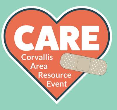 CARE logo with a red heart on a mint green background