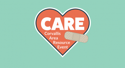 Corvallis Area Resource Event logo with words inside of a red heart, with a bandage over the heart