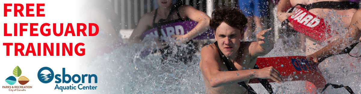 Lifeguards training at Osborn Aquatic Center's outdoor pool with text reading "Free Lifeguard Training"