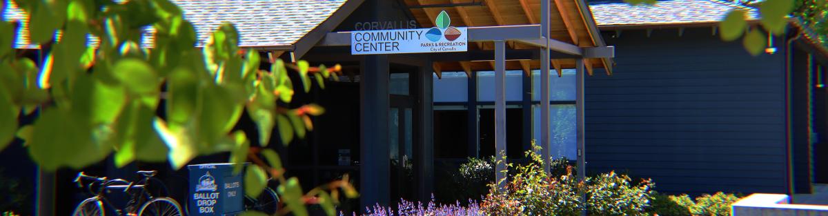 front entrance to the Corvallis Community Center on a sunny day