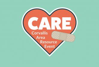 Corvallis Area Resource Event logo with words inside of a red heart, with a bandage over the heart