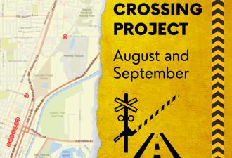 Railroad crossing web graphic showing a map of Corvallis and a yellow sign with a graphic of a railroad gate