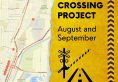 Railroad crossing web graphic showing a map of Corvallis and a yellow sign with a graphic of a railroad gate